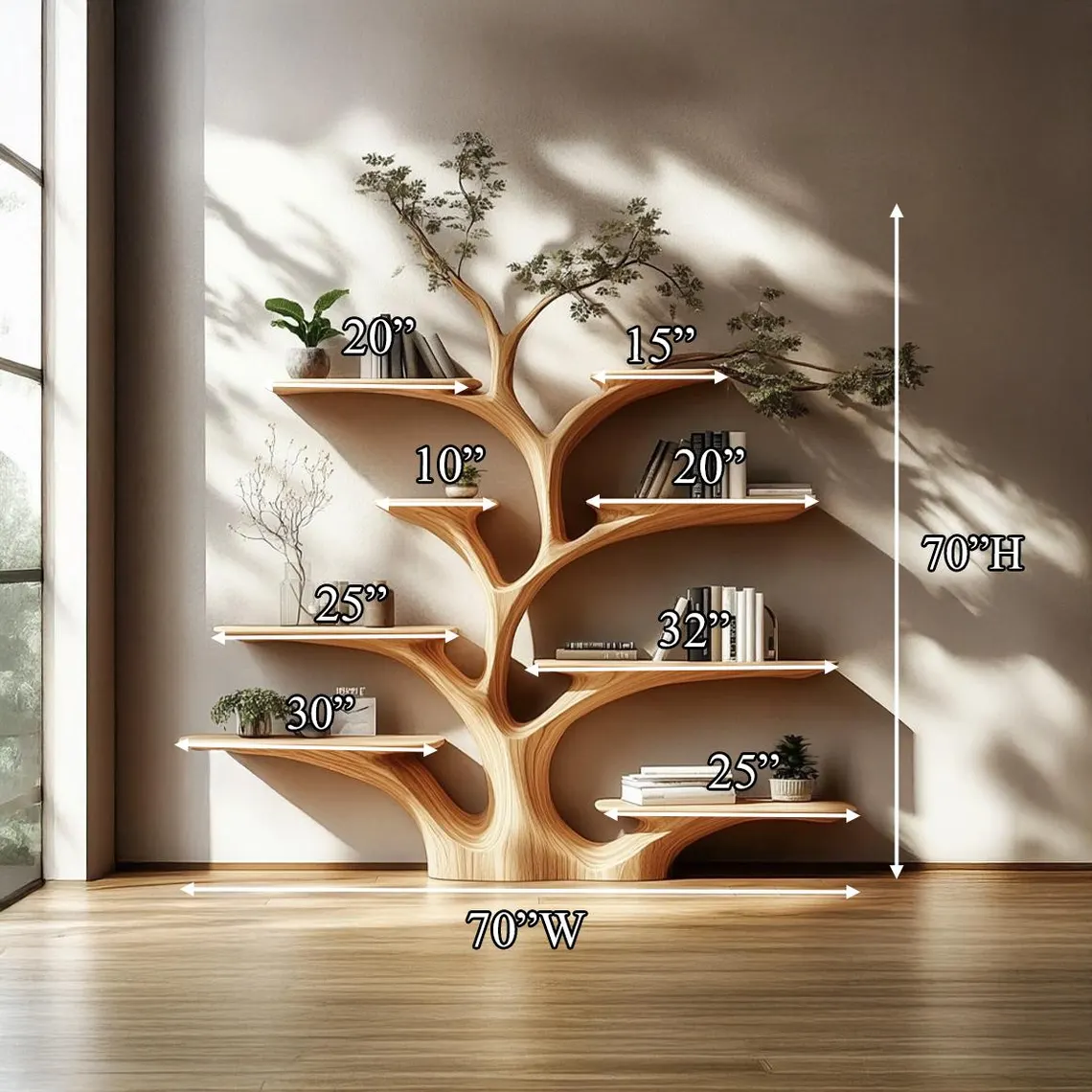 Rustic tree-shaped wall-mounted bookshelf, solid wood branches design floating shelves