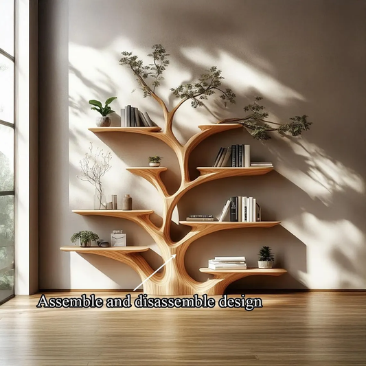 Rustic tree-shaped wall-mounted bookshelf, solid wood branches design floating shelves