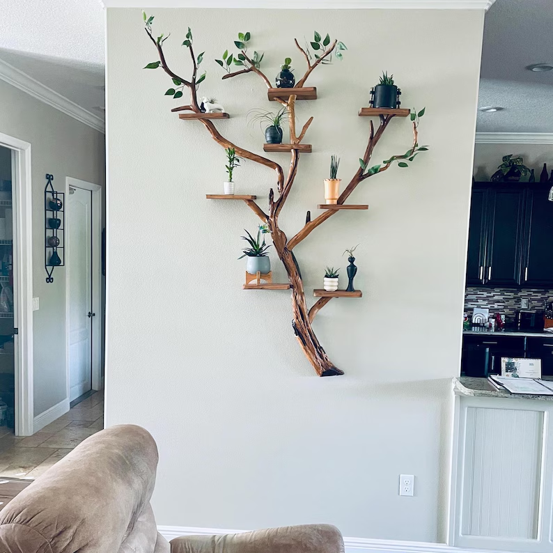 Solid Wood Tree Branch Wall Mount Bookshelf