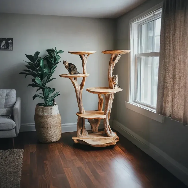 Modern Natural Solid Wood Handmade Cat Tree Tower