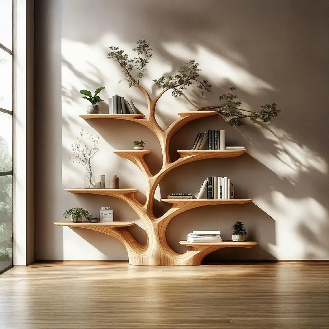 Rustic tree-shaped wall-mounted bookshelf, solid wood branches design floating shelves