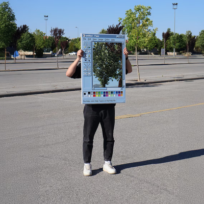 MS Paint mirror finish, customizable title, retro wood grain window frame.