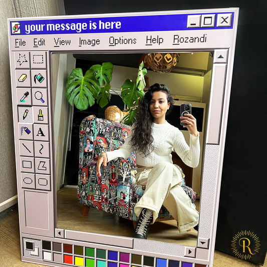 MS Paint mirror finish, customizable title, retro wood grain window frame.