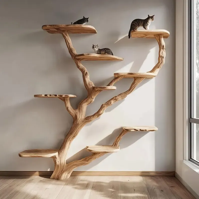 Natural Solid Wood Cat Tree Storage Rack