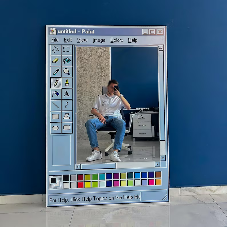 MS Paint mirror finish, customizable title, retro wood grain window frame.