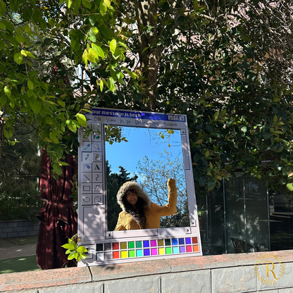 MS Paint mirror finish, customizable title, retro wood grain window frame.