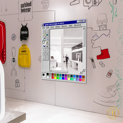 MS Paint mirror finish, customizable title, retro wood grain window frame.