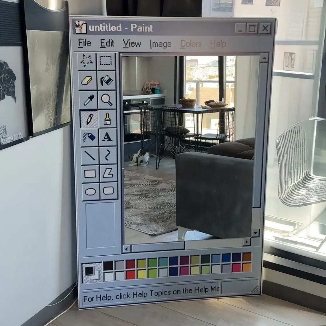 MS Paint mirror finish, customizable title, retro wood grain window frame.