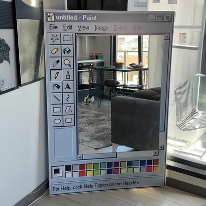 MS Paint mirror finish, customizable title, retro wood grain window frame.