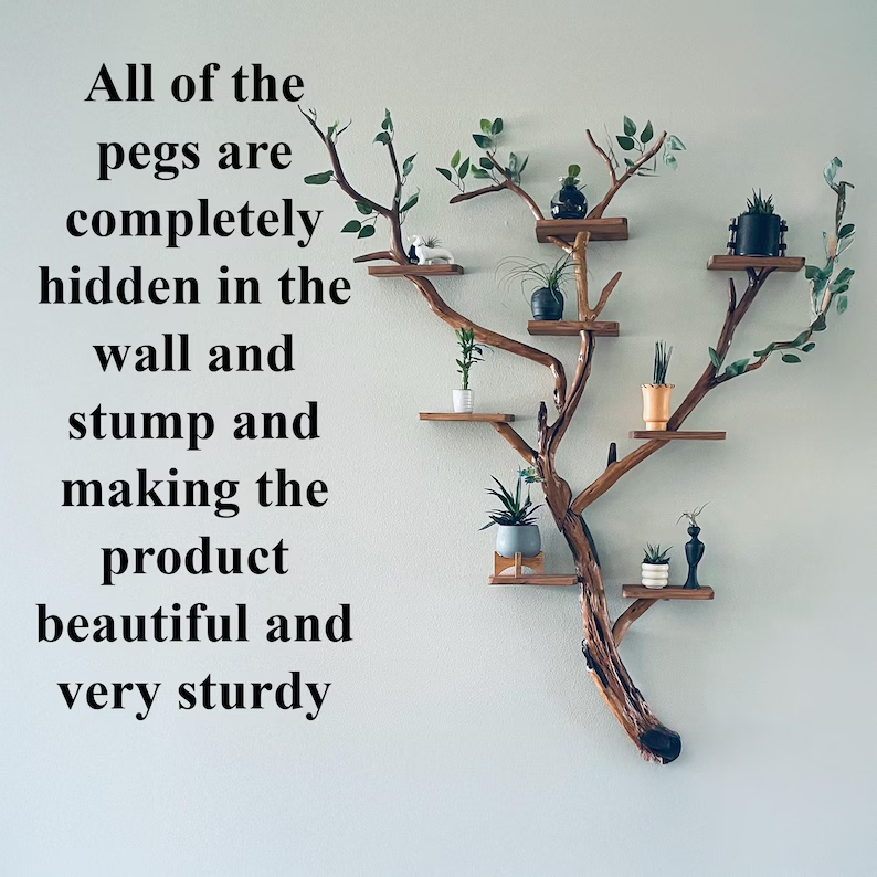 Solid Wood Tree Branch Wall Mount Bookshelf