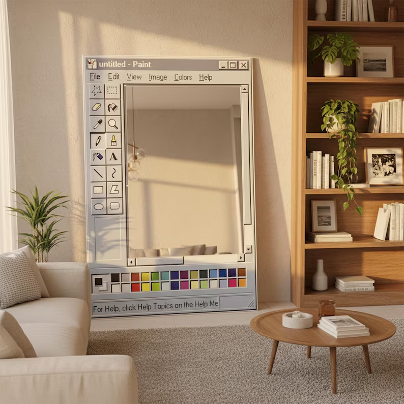 MS Paint mirror finish, customizable title, retro wood grain window frame.