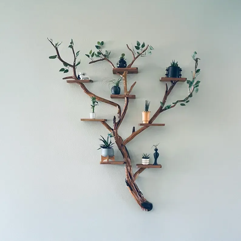 Solid Wood Tree Branch Wall Mount Bookshelf