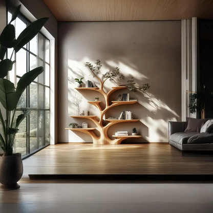 Rustic tree-shaped wall-mounted bookshelf, solid wood branches design floating shelves