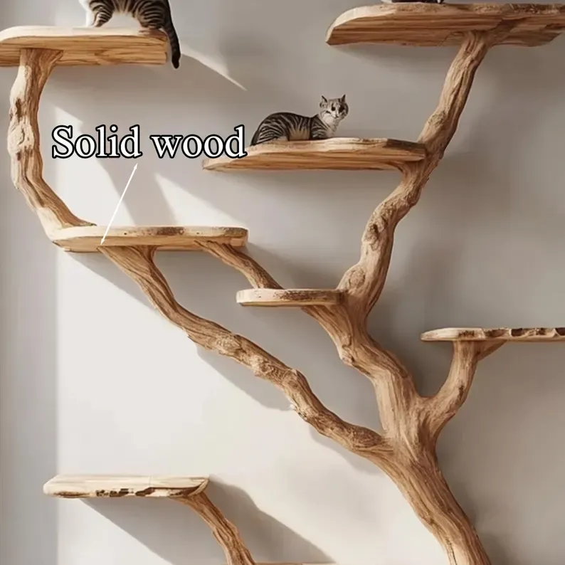 Natural Solid Wood Cat Tree Storage Rack