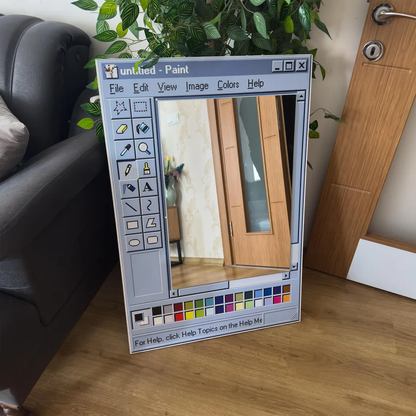 MS Paint mirror finish, customizable title, retro wood grain window frame.