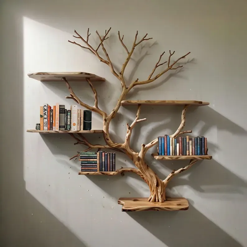 Wall Mount Driftwood Branch Art Bookcase