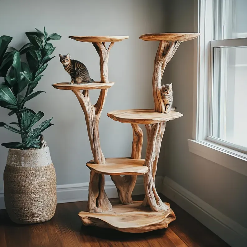 Modern Natural Solid Wood Handmade Cat Tree Tower