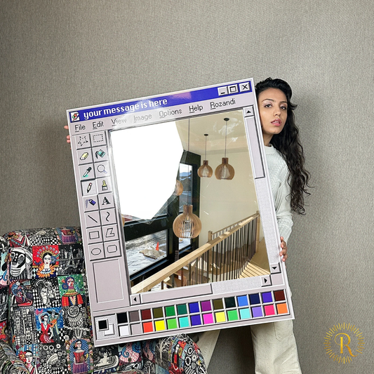 MS Paint mirror finish, customizable title, retro wood grain window frame.