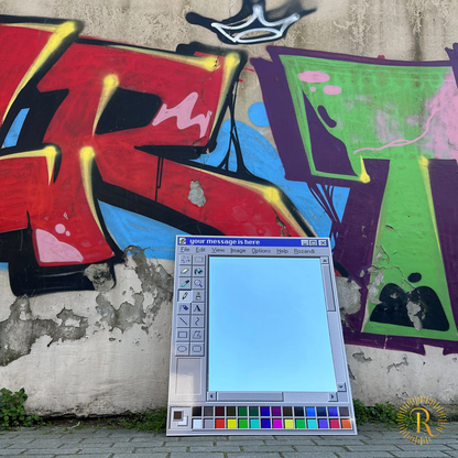 MS Paint mirror finish, customizable title, retro wood grain window frame.